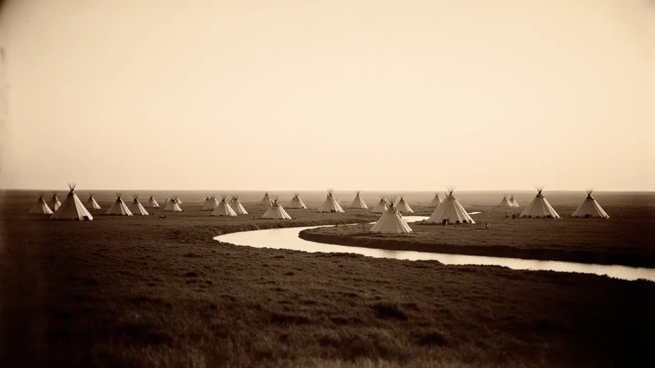 Great Plains panorama with distant tipi encampments along a river